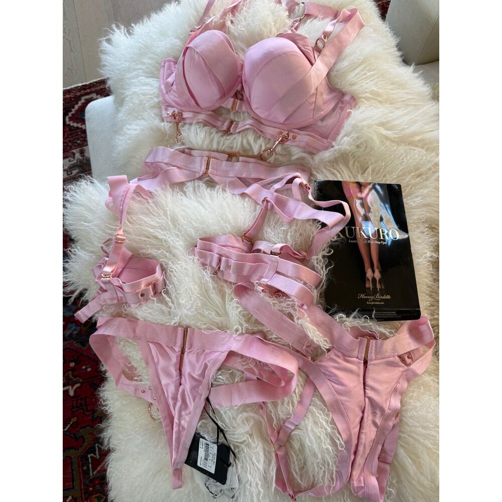 Honey Birdette Kukuro Blush Pink Bra Panty Thong Suspender 4 Pc Set RARE 36G/L
